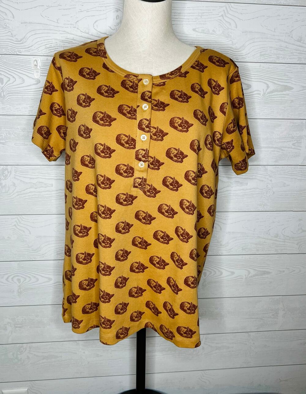 Kate Quinn XL Mustard "Woodland Fox" organic cotton Henley top NWT